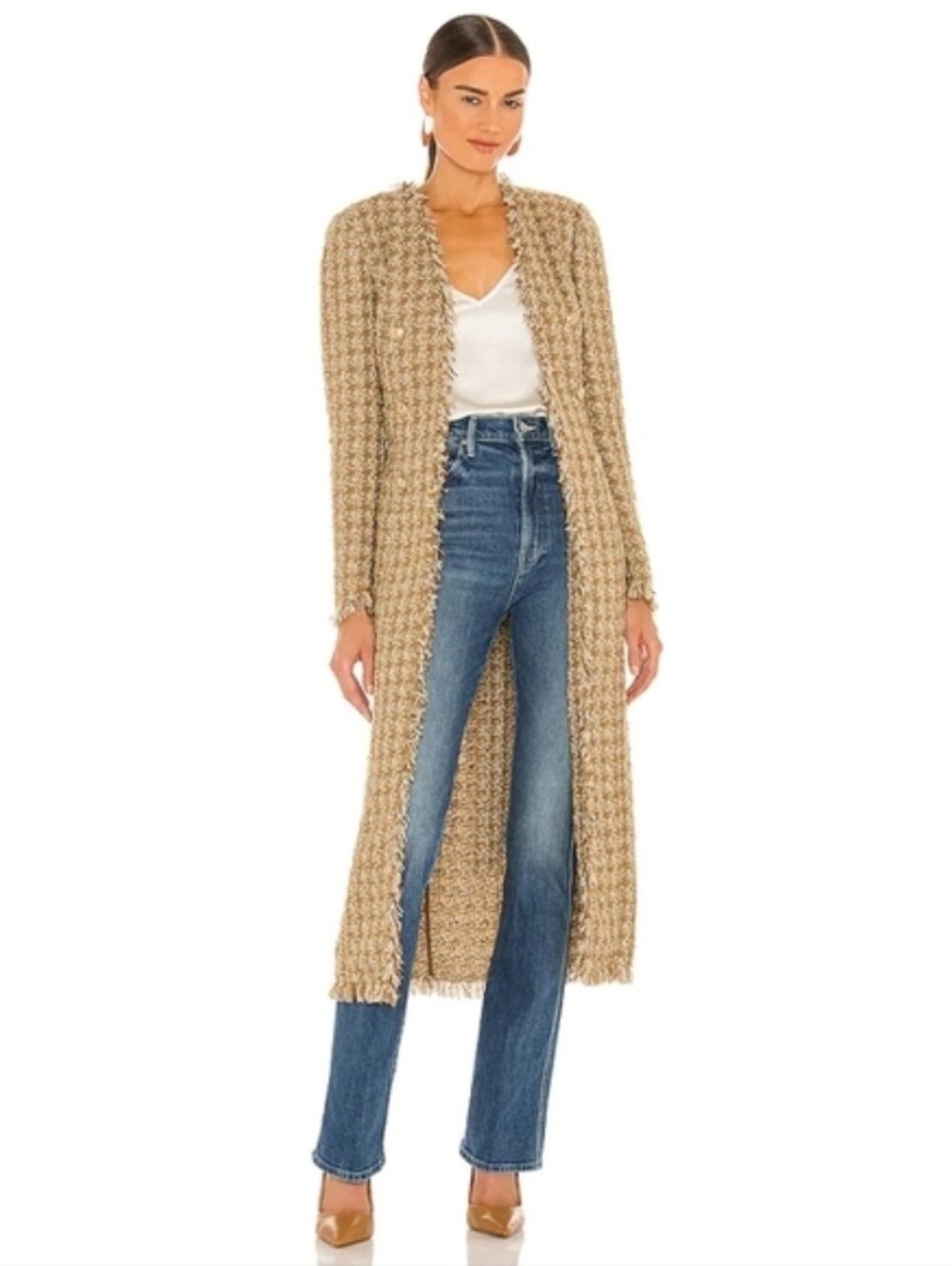 💛Elie Tahari💛 - Metallic Gold/Sparkle Desert Open Front Bouclé Tweed Jacket - Picture 3 of 16